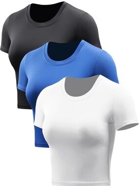 Women’s Crewneck Short Sleeve Crop Top - Black, Blue, White